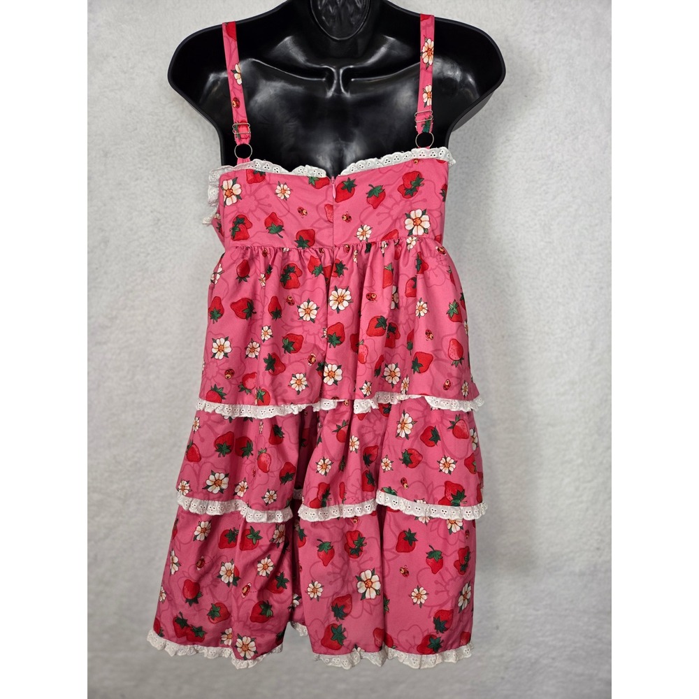 Dolls Kill x Strawberry Shortcake Pink Tiered Ruffle Mini Dress Eyelet Lace M - Picture 11 of 14